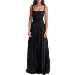House Of CB Women's Black Anabella Fitted Bodice Lace-Up Satin Gown Large NWOT